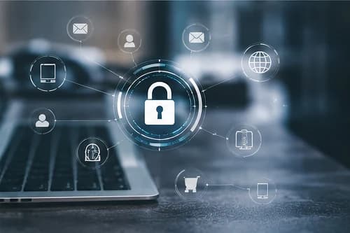 Conceptual graphic of a central padlock linked to device, user, mail and web icons above a laptop