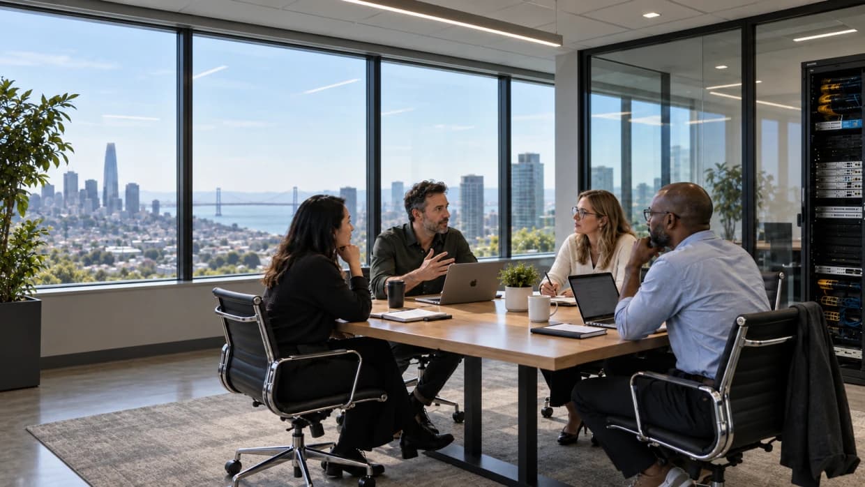 Four colleagues meeting at a boardroom table beside a floor-to-ceiling window overlooking the city and bay, with a lit network rack visible through the glass wall behind them