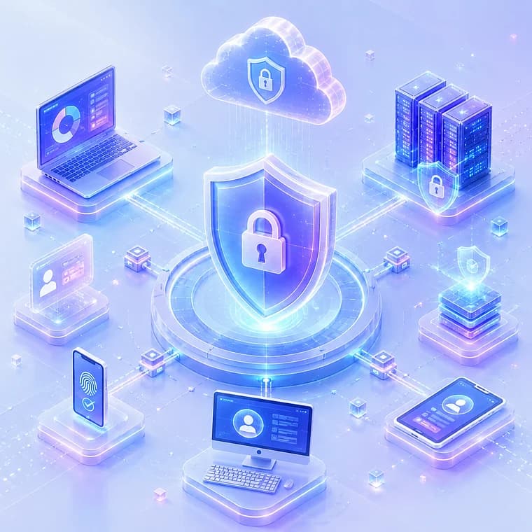 Isometric illustration of a security shield protecting laptops, servers and user devices across a network