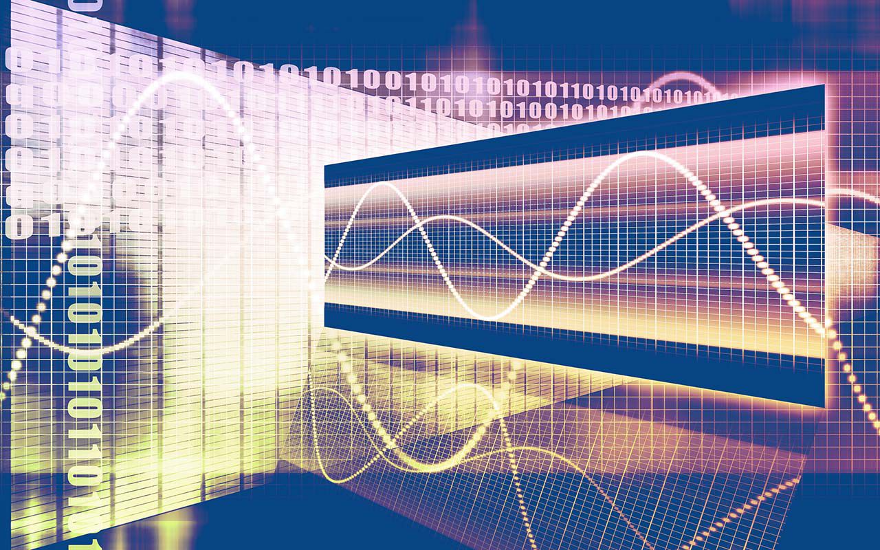 representation of slow data through binary code and waves representing bandwidth.